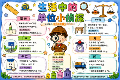 生活中的单位小侦探 数学手抄报彩绘